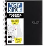 Five Star Spiral Notebook + Study App, 5 Subject, College Ruled Paper, 8-1/2" x 11", 200 Sheets, Fights Ink Bleed, Water Resistant Cover, Black (72081)