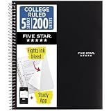 Five Star Spiral Notebook + Study App, 5 Subject, College Ruled Paper, 8-1/2" x 11", 200 Sheets, Fights Ink Bleed, Water Resistant Cover, Black (72081)
