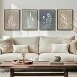 Framed Boho Botanical Wall Art for Living Room, 4 Piece Rustic Floral Canvas Painting Prints, Vintage Minimalist Neutral Flower Artwork for Modern Farmhouse Bedroom Dining Room Office Wall Decor