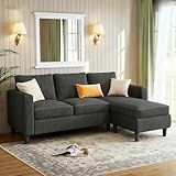 JAMFLY 3-Seat Convertible L-Shaped Sectional Sofa with Reversible Ottoman, Upholstered Fabric Couch for Small Living Rooms, Modern Modular Couch for Apartment, Studio & Loft, Grey
