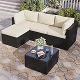 Aoxun Patio Furniture Set 5-Piece, Outdoor Sectional Sofas with Washable Cushion, Wicker Rattan Patio Conversation Sets for Backyard Porch and Poolside, Beige