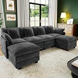 107" Cloud Couch Sectional, U Shaped Modular Sectional Sofa, 4-Seat Deep Seat Couch with 6 Removable Washable Pillows and 2 Ottoman for Living Room, Bedroom, Apartment, Black