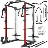 GOIMU DP01 Power Cage, 2000LBS Squat Rack with Cable Crossover and Dual Independent Pulley System, Full Cage for Full Body Training, Power Rack with More Training Attachments for Home Gym (Red)