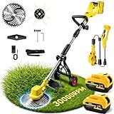 2026 New 30000 RPM Brushless Cordless Weed Wacker with Wheels, 12-Inch Battery Powered Electric Weed Eater, 4-in-1 Grass Trimmer, Brush Cutter, Stringless Weed Trimmer & Lawn Edger (1, Yellow)