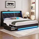 Rolanstar Queen Bed Frame with LED Lights and Charging Station, PU Leather Bed with Drawers, Wooden Slats, Noise Free, Easy Assembly, Black