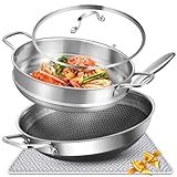 AOSION Hybrid 13 inch Stainless Steel Wok with Steamer, PFOA Free Cookware, Nonstick Wok Pan & Stir-Fry Pans with Lid and Draining Mat, Works on Induction, Dishwasher & Oven Safe