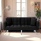 78" Modern Sofa Bed Futon,Convertible Sleeper Bed Couch with 4 Reclining Backrest,Comfy Velvet Cloud Sofa Loveseat for Living Room Bedroom Office (Black)
