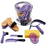 Cunhill 9 Pcs Horse Grooming Kit Tack Room Supplies Set with Tote Bag, Oval Massage Curry, Hard and Soft Brush, Hoof Pick, Sweat Scraper, Bathing Sponge, Comb for Horse Rider(Cute,Purple)