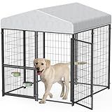 Mr IRONSTONE Large Dog Kennel Outdoor with Water-Resistant Roof Heavy Duty Outside Dog Kennel Pet Pens Dogs Run Enclosure with Rotating Feeder and Secure Lock (4'L x 4'W x 4.4'H)