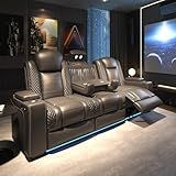 VanAcc Home Theater Seating, Power Movie Loveseat Recliner with USB & Wireless Charging, 3 Seats Leather Sofa Couch for Living Room Gaming, Electric Headrest, Tray Table, Ambient Lighting