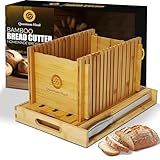 Bamboo Bread Slicer with High-Grade Stainless Steel Knife – Adjustable Wooden Bread Cutter Guide with Crumb Tray, Brush & Pouch | Manual Bread Slicer for Homemade Bread, Sourdough, Loaf, Cakes