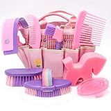 GHWMYD Horse Grooming Brush Kit, 9Pcs Horse-Brush Set with Organizer Tote Bag, Shower Brushes, Braiding Comb, Sweat Scraper, Hoof Pick, Shedding Massaging Tool Supplies for Riders Beginners, Pink