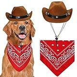 GOYOSWA Dog Halloween Costumes, Dog Cowboy Costume Halloween Pet Cowboy Hat Bandana Scarf for Small Medium Large Dogs Pets (Brown Hat & Red Bandana, Large)