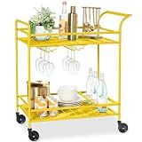 Best Choice Products Rolling Bar Cart, Mobile Home Bar Serving Cart, Serving Station w/ 2 Tier Shelves, Wine Rack, Lockable Wheels - Yellow