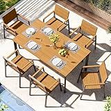 ComfCove Outdoor Dining Set, Aluminum Patio HDPS Outdooor Table and Chairs Set with Umbrella Hole, All Weather Patio Furniture Set, Patio Dining Table Set,Gray & Teak,7 Pieces