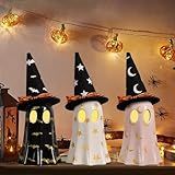 DAZONGE Halloween Decor Indoor, Set of 3 Ceramic Ghosts with Witch Hats, Cute Spooky Ghost Figurines for Mantel, Shelf & Tabletop Decor, Halloween Decorations