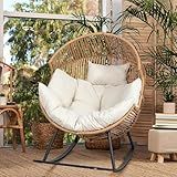 JAMFLY Egg Chair Rocking Chairs, Wicker Patio Chair Oversized Lounger Chair with Cushion for Indoor Living Room Bedroom Outdoor Patio Backyard Balcony Garden, Beige