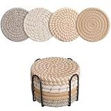 CHIYOSING Coasters Set of 8 for Drinks with Holder,4 Colors Absorbent Coasters,Boho Cotton Woven Coaster Set for Living Room Decor,Tabletop Protection Suitable for Drinks,Beer, Coffee