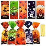 Halloween Treat Bags, Halloween Goodie Bags, 50 Pcs Candy Bag Trick or Treat Gift Bag with Ties for Kids Clear Cellophane Goody Favor Gifts for Snacks Cookies Packing Party Favors Decorations Supplies