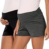 fitglam Women's Maternity Shorts Lounge Sleep Pajama Workout Comfy Stretchy Pregnancy Shorts(Black/Dark Heather Grey, Large)
