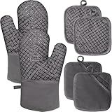 4 Pcs Oven Mitts and Pot Holders,High Heat 500°F Resistant Glove Potholder with Thick Cotton,Silicone Non-Slip Surface Long Kitchen Oven Glove for Cooking Baking Grilling(Grey)