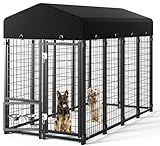 Guiferland Dog Kennel Outdoor, Large Outside Dog Kennel with Roof & Swivel Feeders/Removable Doggy Door Allow Connecting Your Dog House, Heavy Duty Dog Run Pen for Medium/Large Dogs (8'L x 4'W x 6'H)