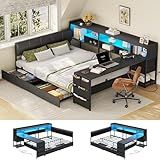 Dnxao Corner Bed Frame Full with Storage and Desk,Full Bed Frame with Upholstered Headboard, 4 Drawers, 6 Bookcase,1 Bedside Organizer,LED Lights and Charging Station,Black