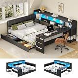 Dnxao Corner Bed Frame Full with Storage and Desk & 7 Bookcases, Black