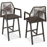 Best Choice Products Outdoor Bar Stools Set of 2, Bar Height, 360° Swivel Aluminum Frame, All-Weather Woven Rope Chair Design w/Armrests - Brown/Mocha