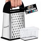 GORILLA GRIP® XL 4-Sided Stainless Steel Cheese Grater With Measurement Container, BPA-Free Box Grater, Slip Resistant Base, Grate Hard Parmesan, Shred Veggies, Zest Citrus, Dishwasher Safe, Black