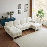 Karl home Convertible Sectional Sofa 110" U-Shape Sofa Couch 4-Seat Couch with Chaise ChenilleFabric Upholstered for Living Room, Apartment, Office, Creamy White