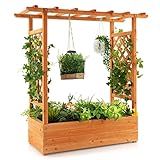 S AFSTAR Raised Garden Bed with Arch Trellis, Wood Planter Box with Hanging Roof, Side Trellis, 4 Drainage Holes, Above Ground Elevated Garden Bed for Outdoor Climbing Plants Vines Patio