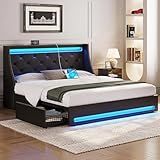 Rolanstar Full Bed Frame with LED Lights and Charging Station, PU Leather Bed with Drawers, Wooden Slats, Noise Free, Easy Assembly, Black