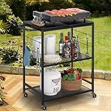 DAOUTIME Grill Cart for Outside, 3-Tier BBQ Food Prep Rolling Table Cart, with 23.62" Lx 15.75" W Rust-Resistant Tabletop, Outdoor Pizza Oven Table Ideal for Patio Backyard Kitchen Tools Room