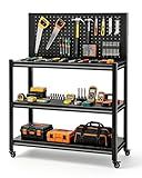 Pterying 52" Rolling Work Table, Adjustable Height Workbench with Lockable Wheels, Pegboard, Heavy Duty Mobile Work Bench for Garage, Tool Workshop, Woodworking and Mechanics