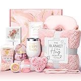 Birthday Gifts for Women Self Care Get Well Soon Gift Baskets, Rose Relaxing Spa Gift Basket Care Package w/ Luxury Flannel Blanket, Unique Valentines Day Gifts for Mom Her Friend Sister Wife Grandma
