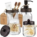Amolliar Mason Jar Bathroom Accessories Set (4 Pcs) - Lotion Soap Dispenser & 2 Cotton Swab Holder & Toothbrush Holder-Rustic Farmhouse Decor, Countertop Vanity Organize, Bathroom Home Decor (Bronze)