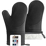 GORILLA GRIP BPA-Free Soft Silicone Oven Mitts, Heat Resistant and Waterproof Cooking Safety Gloves, Thick Cotton Lining, Flexible Gripping, Kitchen Potholders Set, for Grilling, BBQ, 12.5x8.3, Black