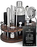 Home Hero Bartender Kit - 22-Piece Cocktail Shaker & Bar Tool Set - Wooden Stand Display & Bar Cart Accessories - Recipe Book & Housewarming Gifts - 22-Pc, Silver