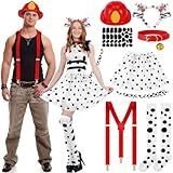 Croloose 12 Pcs Halloween Dalmatian Dog and Firefighter Costume Set for Couples Women Men Dalmatian Headband Tutu Skirt Tail Socks Fireman Helmet Adults Halloween Costume Cosplay