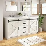 LUXOAK 61" Farmhouse Sliding Barn Door Double Vanity with Sink Combo, Freestanding Bathroom Vanity Cabinet with Drawers & Metal Handles, Distressed White
