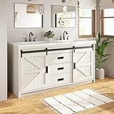 LUXOAK 60" Farmhouse Sliding Barn Door Double Vanity with Sink Combo, Freestanding Bathroom Vanity Cabinet with Drawers & Metal Handles, Distressed White