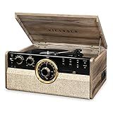 Victrola The Empire Mid-Century 6-in-1 Turntable & Multimedia Center with Built-in Speakers – 3 Speed, Bluetooth Connectivity, Radio, Cassette & CD Player, RCA Out, Headphone Jack (Farmhouse Walnut)