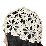 BIBITIME Women Lace Crochet Beanie Hat Handmade Knitted Cutout Floral Skull Cap Anniversary Mother's Day (as1, Alpha, l, Standard, Beige)