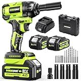 Robustrue Cordless Impact Wrench, 406Ft-lbs (550N.m) Brushless 1/2 inch, 2800RPM High Torque Impact Gun, 2x 4.0Ah Battery, Charger, 4 Sockets, Electric Impact Wrench for Car Home