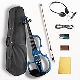 Ceciliec Electric Violin, 4/4 Full Size Silent Violin Fiddle with Ebony Fittings, Metallic Varnish Violin for Beginners Students (Metallic Blue)