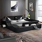 Multifunction Smart Bed - Luxury Bed Frame with Lights and Massage Chair, Upholstered Bed Frame with USB Port & Speakers, Lift End Table and 6 Storage Space, No Box Spring Needed (Black, Queen)