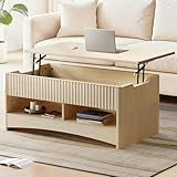 Marsail Lift Top Coffee Table with Open & Hidden Storage, Modern Fluted Coffee Table with Smooth Lift Mechanism, Sturdy Space-Saving Center Table for Home Living Room, Office, Natural Oak