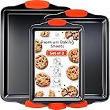Premium Non-Stick Baking Sheets Set of 3 - Deluxe BPA Free, Easy to Clean Racks w/Silicone Handles - Bakeware Pans for Cooking Baking Roasting - Lets You Bake The Perfect Cookie or Pastry Every Time