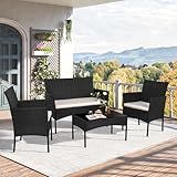 Shintenchi 4 Piece Outdoor Patio Furniture Sets, Small Wicker Patio Conversation Furniture Rattan Chair Set with Tempered Glass Coffee Table for Backyard Porch Garden Poolside Balcony,Black